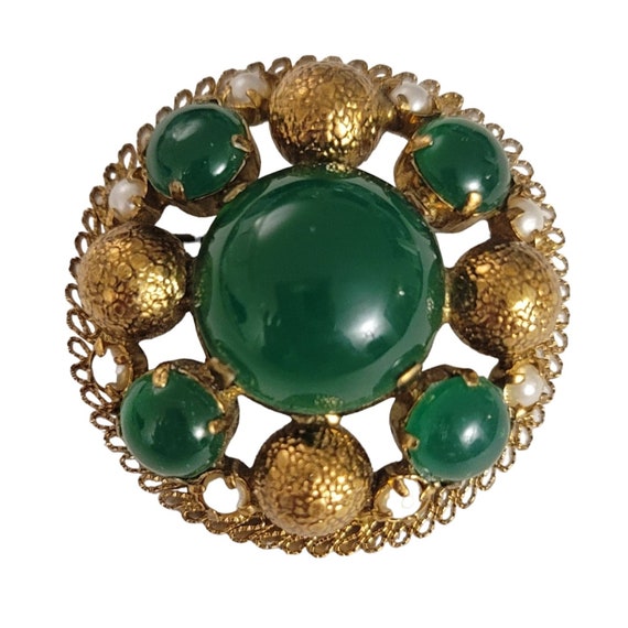 Gold Tone Green Glass Cabochon Round Cluster Faux Pearl Pin Brooch E36