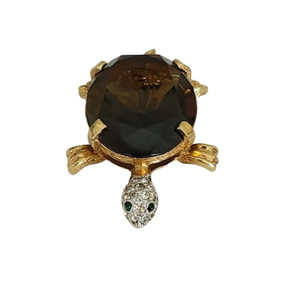 Panetta Gold Tone Smoky Faceted Rhinestone Glass Turtle Brooch M1030