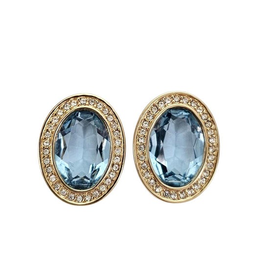 Daniel Swarovski Co Clip On Earrings Blue Oval Crystal Clear Rhinestone, Signed