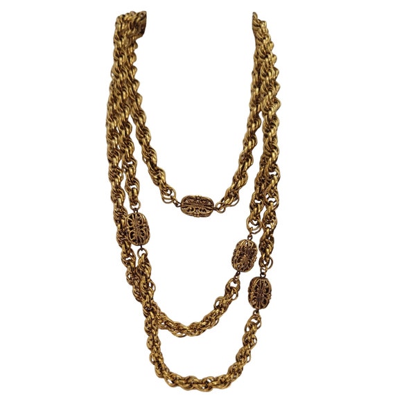 Gold Tone Vintage Large Rope Twist Filigree Stations Chain Necklace 54" Long E318