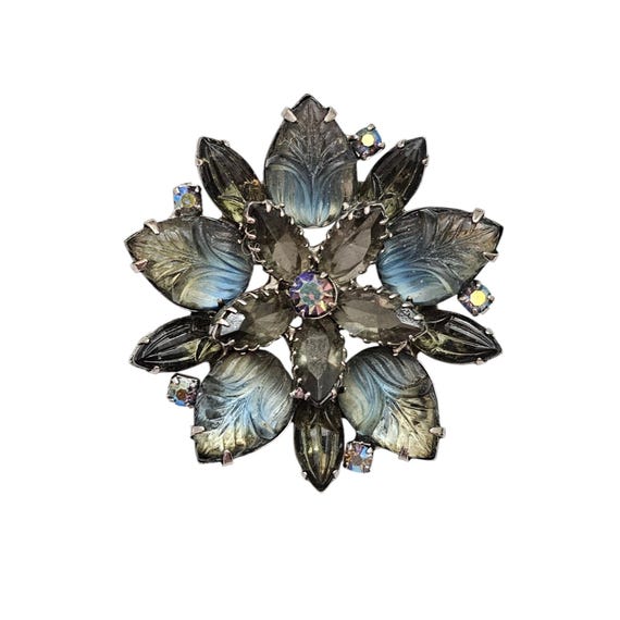 Blue Rhinestone Flower Brooch, Molded Glass, Givre, Smoky Cluster Pin L589