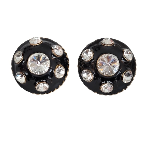 BJ Beatrix Black Enamel Clear Rhinestone Domed Clip On Earrings, Signed K574