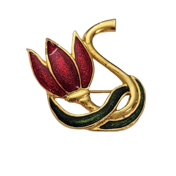 SFJ Gold Tone Red Green Enamel Tulip Brooch Pin, Signed E615