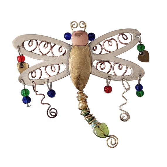 Silver Tone Glass Bead Wire Wrap Dangle Dragon Fly Brooch Pin E161