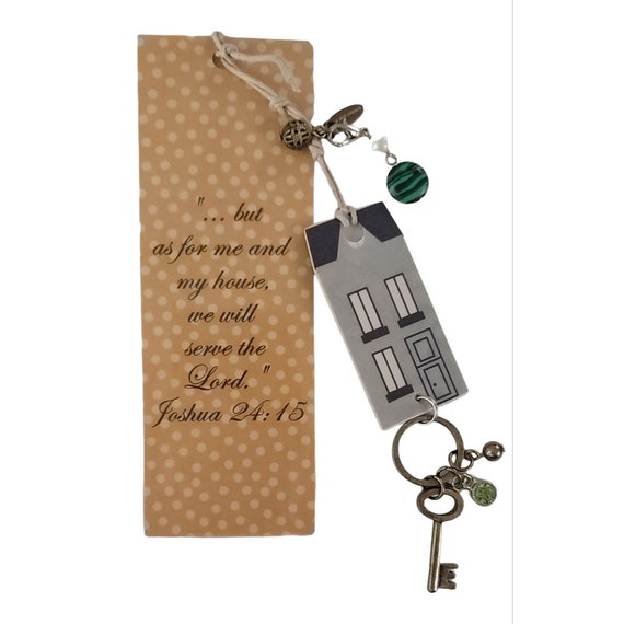Key Faux Pearl Green Stone Charm "But As For Me And My House, We Will Serve The Lord" Bookmark, B18