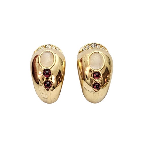 Gold Tone Curvy Half Hoop Clip On Opaline Glass  Oval, Red Cab Earrings C721