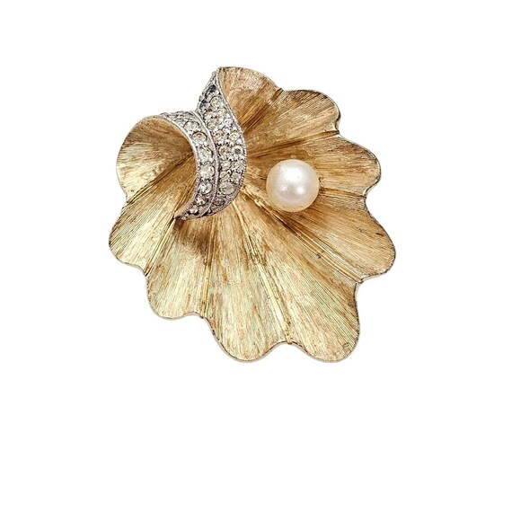 Jomaz Gold Tone Clam Shell Brooch Clear Rhinestone Genuine Pearl