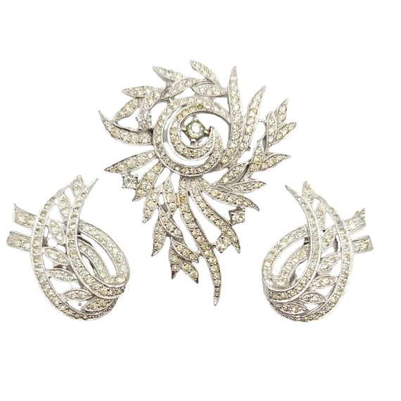 Polcini Set of Silver Rhinestone Leaf Vine Clip Earrings And Pin Brooch, Signed
