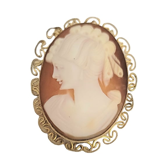Van Dell 12K GF Left Face Shell Carved Cameo Brooch Pendant, Signed M272