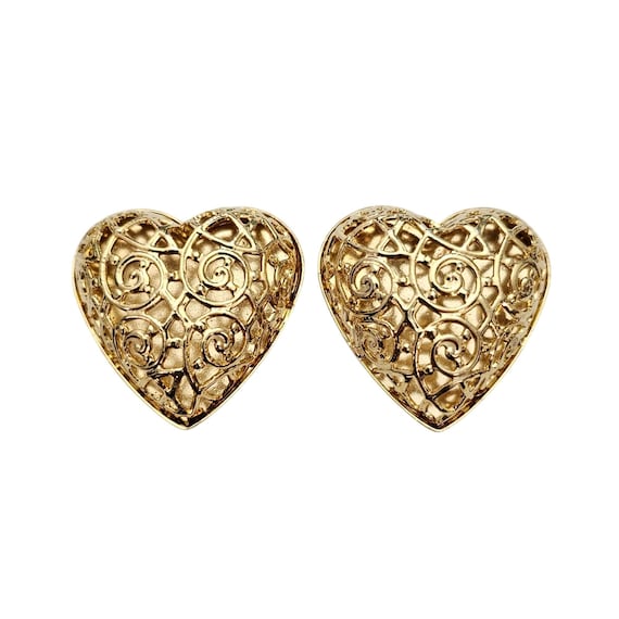Puffy Heart Cut Out Clip On Gold Tone Earrings J575