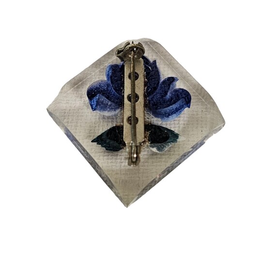 Clear Lucite Reverse Carved Square Blue Rose Broo… - image 5