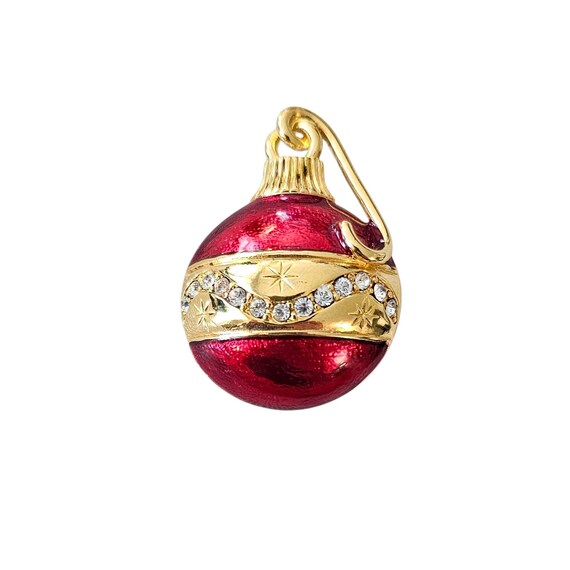 Christmas Bulb Brooch, Red Enamel, Gold Tone, Rhinestone Ornament Pin