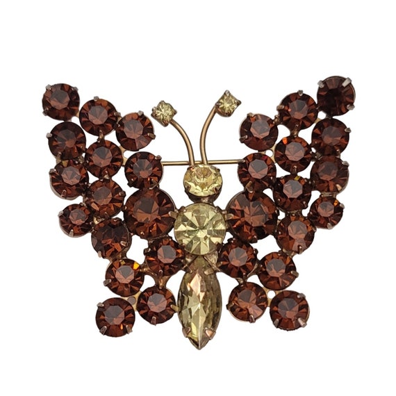 Vintage Prong Set Topaz And Jonquil Rhinestone Butterfly Brooch E850