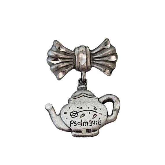 Pewter Teapot Psalm 34:8 Dangle Bow Pin, L330