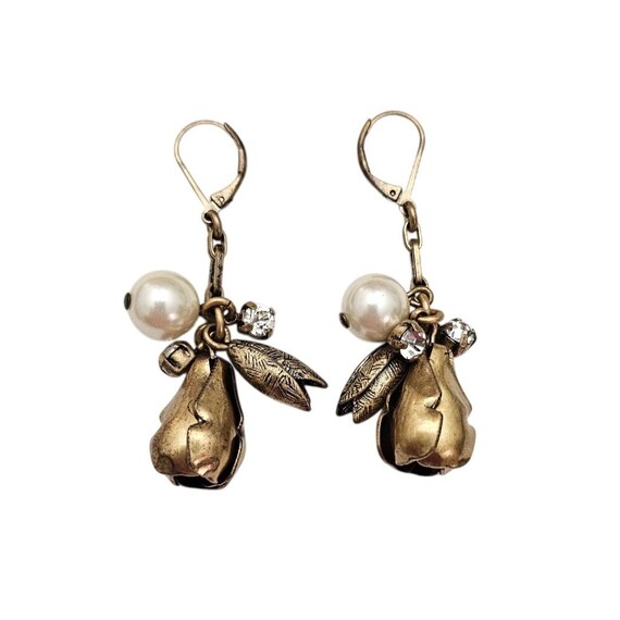 J. Crew Brassy Tulip Faux Pearl Rhinestone Charm Dangle Earrings Lever Back J823