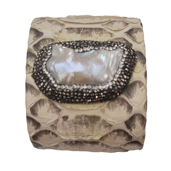 Snake Skin Baroque Pearl, Marcasite Wide Cuff Bracelet K909