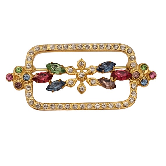 Czech Gold Tone Vintage Rhinestone Flower Square Rectangle Open Brooch Pin E774