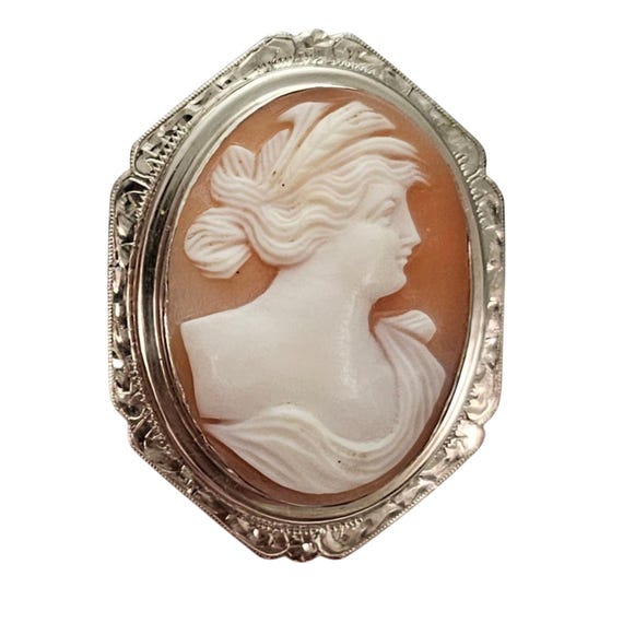 14K White Gold Carved Shell Cameo Brooch Right Facing Pin, J88