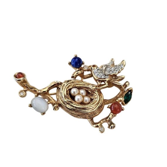 Craft Bird Brooch, Eggs Nest Rhinestone Pin, Signed