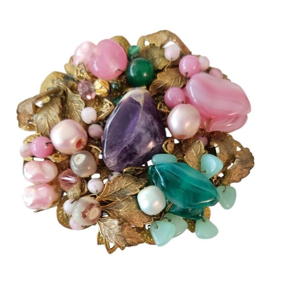 Glass Bead Wired Round Cluster Brooch, Leafy Filigree Back Vintage Pin J107