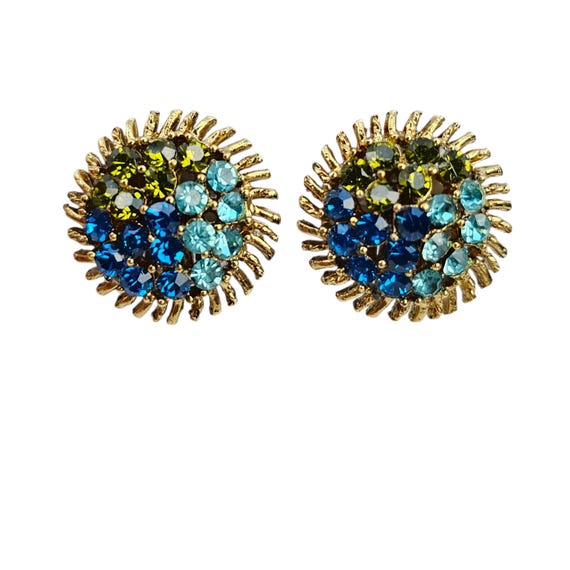 Gold Tone Blue Olivine Clip On Earrings Rhinestone, Sputnik Modernist