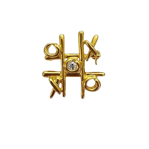 Anne Klein Gold Tone X's & O's Tic Tac Toe Brooch Clear Rhinestone Pin, Signed