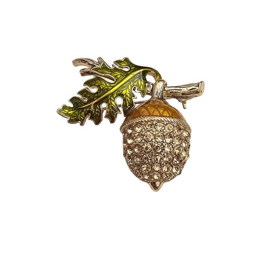 Acorn Brooch Champagne Rhinestone Green Enamel Pin J495