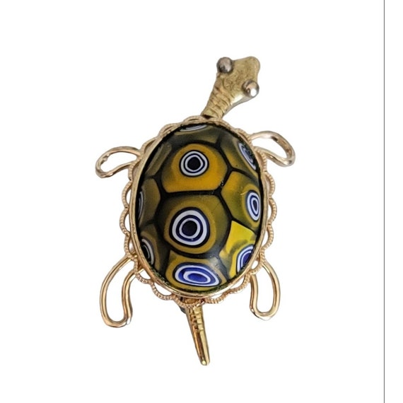 Krementz Gold Tone Millefiori Glass Turtle Pin Brooch, Signed K283