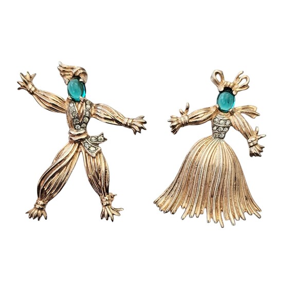 Trifari Sterling Vermeil Pom Pom Boy Girl Brooch Set, Teal Blue Cab Face Pins, Signed
