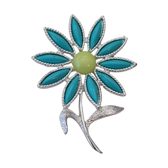 Sarah Coventry Silver Tone Robins Egg Blue, Green Daisy Brooch, Signed E680