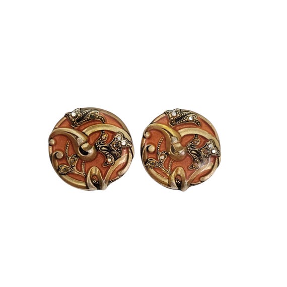 Vintage Marcasite Style Coral Enamel Resin Clip-On Earrings