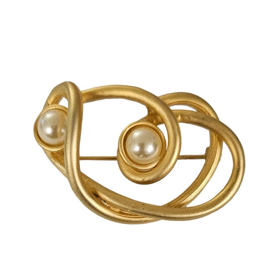 Matte Gold Tone Faux Pearl Modernist Open Brooch Pin L143