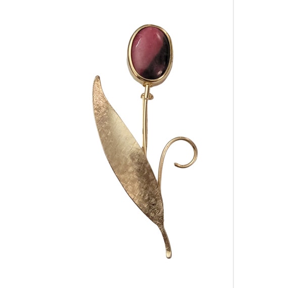 Gold Tone Pink Stone Minimalist Long Stem Flower Brooch K803