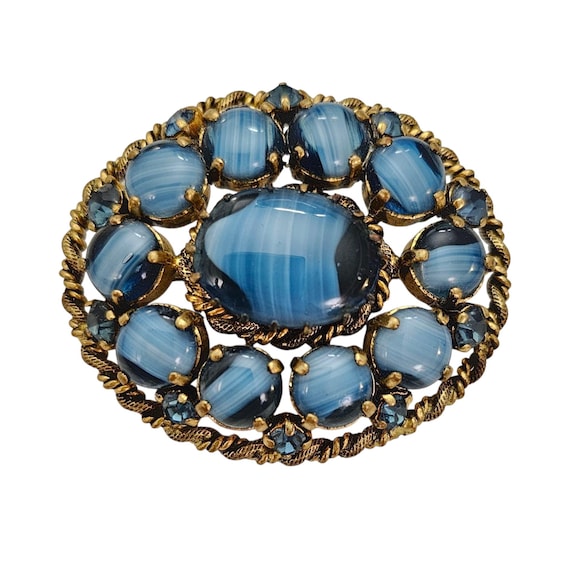 Germany Porphyry Blue Art Glass Cab Filigree Oval Brooch