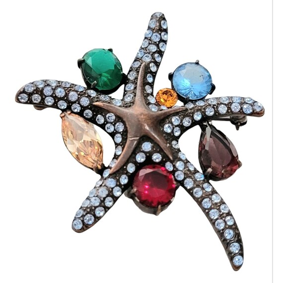 Kirks Folly Copper Tone Clear Rhinestone Multi Color Rhinestone Starfish Brooch, Signed