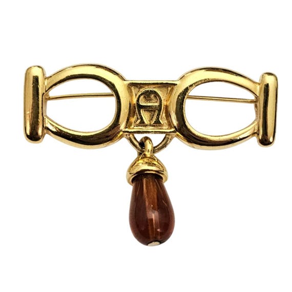 Etienne Aigner Equestrian Style Bar Brooch Glass Bead Dangle Pin Signed, J847