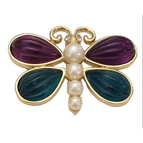 Gold Tone Purple Green Ribbed Lucite Faux Pearl Butterfly Brooch Pin K225
