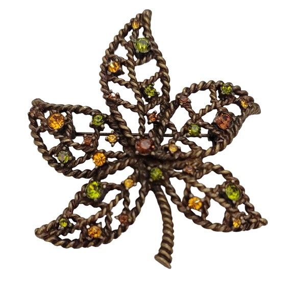 Nina Ricci Avon Gold Tone Green Yellow Topaz Rhinestone Leaf Brooch Pin, Signed E287