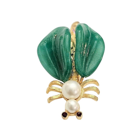 Kramer Green Molded Glass Gold Tone Bug Brooch Pin Signed, J10