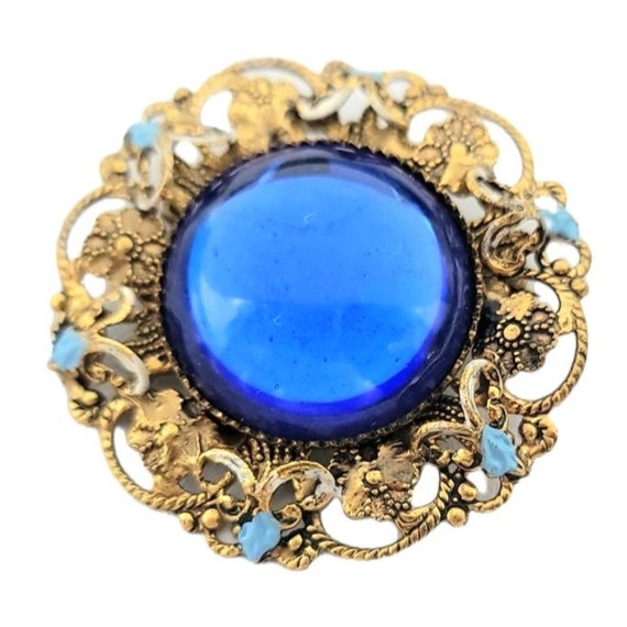 Goldtone Enamel, Blue Glass Cab Round Filigree Brooch Brooch, Vintage Austria?