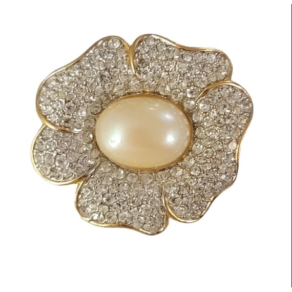 Nina Ricci Gold Tone Clear Pave Rhinestone Faux Pearl Flower Brooch, Signed K552