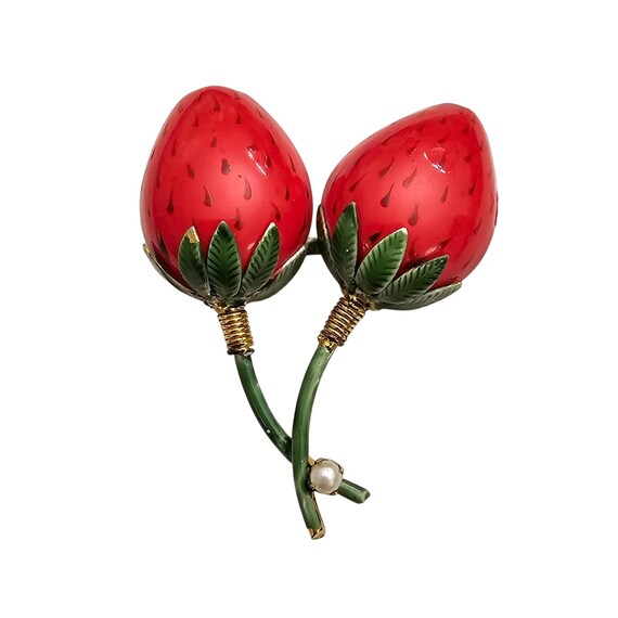 Original By Robert Red Green Enamel Strawberries Brooch Signed, J463
