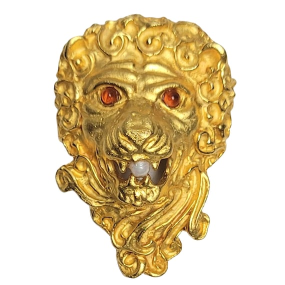 Gold-Tone Red Glass Eyes, Faux Pearl Repousse Lion Brooch Pendant