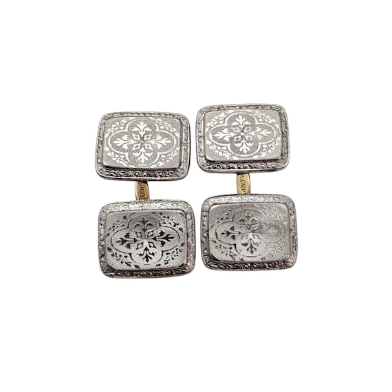 14K Gold and Platinum Art Deco Square Cufflinks Etched