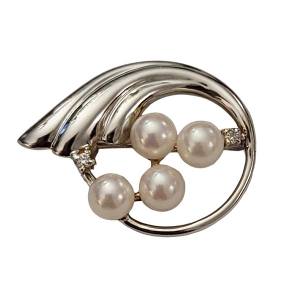 14K White Gold, Pearl Diamond Chip Round Open Plume Brooch Pin K625