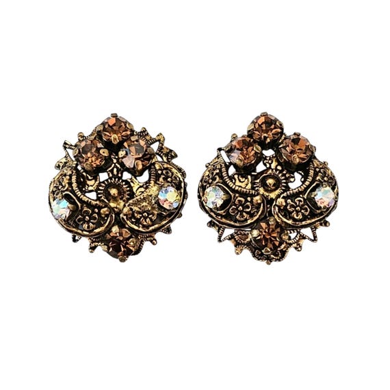 Gold Tone Filigree Pink AB Topaz Rhinestone Cluster Germany, Austria Clip On Earrings L480