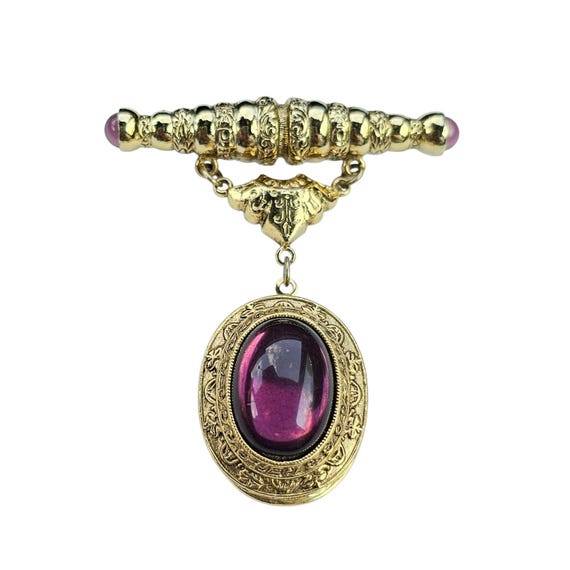 Purple Vintage Oval Locket Dangle Bar Brooch Glass Bullet Domed Cabochons