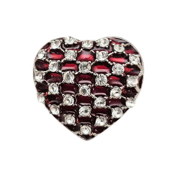 Red Plique-à-Jour Style Heart Brooch, Clear Rhinestone Pin C835