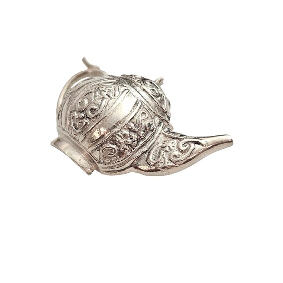 Sterling Silver Repousse Teapot Brooch Scroll Design Pin J379 View 3