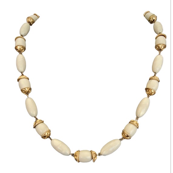 Trifari TM White Faux Marble Gold Tone Cap Bead Necklace 24” Long, Signed K741